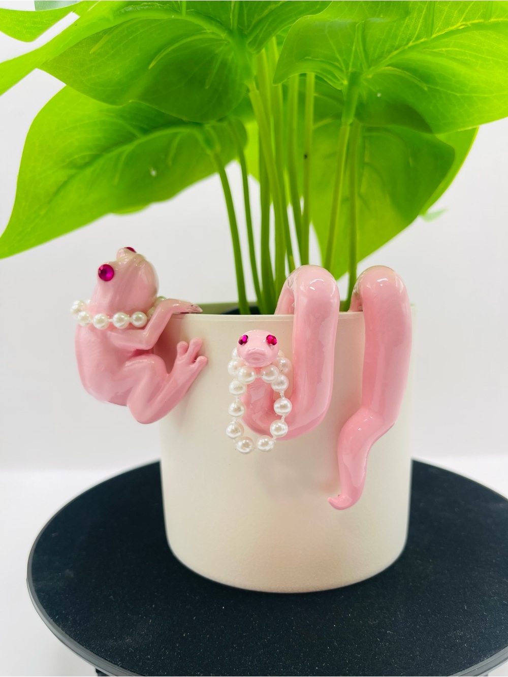 Pink Frog & Snake Plant Pot Huggers with Pearl Accents